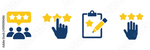 Customer Review Vector Illustration, Feedback Icon Set with Rating Stars, User Satisfaction Symbols for App UI, Service Evaluation, Online Survey, Testimonial and Quality Assessment Design