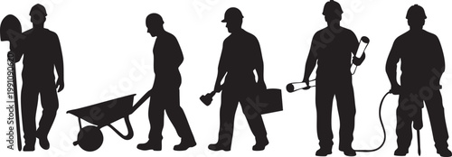 Construction workers, laborers, silhouettes, icons, vector graphics, workers with tools, wheelbarrow