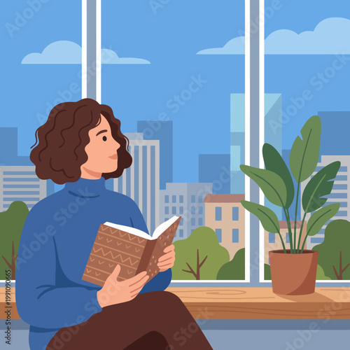 A woman sits by the window, absorbed in reading a book, surrounded by a peaceful urban atmosphere filled with greenery and cozy design elements. A serene moment captured beautifully.
