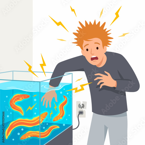 A startled person reacts dramatically as he touches an electric fish tank, showcasing the element of surprise and danger while emphasizing safety awareness around water.
