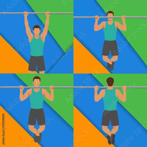 This vibrant illustration depicts various pull-up exercises showcasing strength and fitness, emphasizing physical movement and health awareness in workout routines.