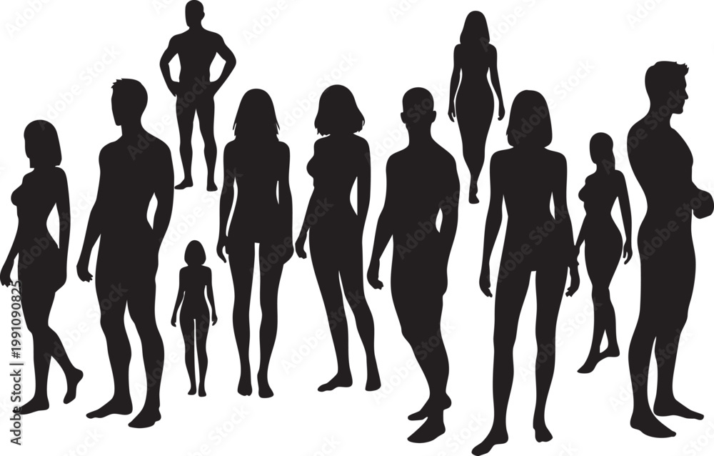 Fototapeta premium Black silhouettes, people icons, human figures, diverse group