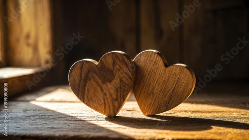 Two wooden hearts rest on sunlit wood