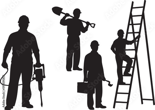 Construction workers, laborers, silhouettes, icons, set of 4, black