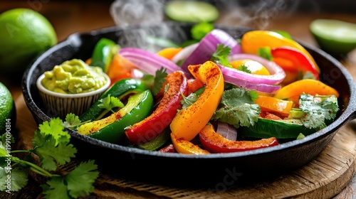Sizzling vegetable fajitas with colorful bell peppers and red onions in black cast iron skillet garnished with fresh cilantro and guacamole
