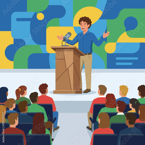 A charismatic man speaks to an engaged audience during a lively conference, capturing attention with his gestures and enthusiasm on stage against an abstract backdrop of colors.