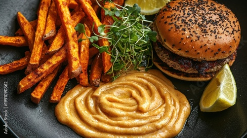 Gourmet burger with creamy aioli sauce and roasted sweet potato fries on dark slate premium restaurant plating with fresh microgreens and lemon wedge