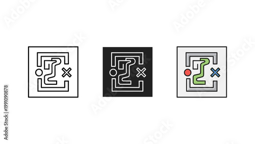 A series of three icons depicting a complex maze or problem-solving journey from start to finish.
