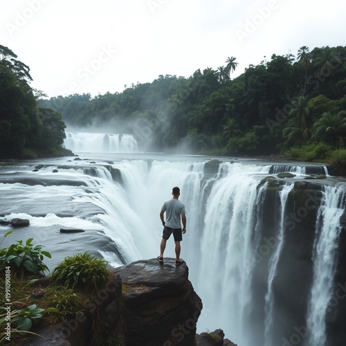 man standing near waterfalls