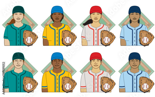 diversity, race, ethnicity of baseball pitcher or fielder, vector icons, male and female, wearing cap and uniform, baseball glove and ball, diamond field, isolated on a white background