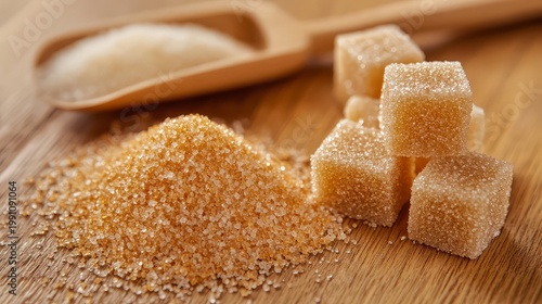 Golden brown cane sugar cubes and granulated sugar pile resting on a rustic wooden surface with a wooden scoop for culinary baking and sweetening beverage needs