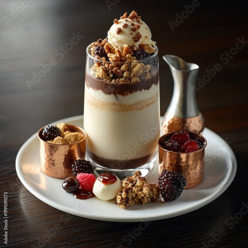 Deconstructed craft milkshake with vanilla ice cream, mixed berries, nuts and chocolate sauce in copper vessels on white ceramic plate