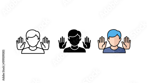 Three diverse icons depicting a person raising both hands, symbolizing a stop or refusal gesture.