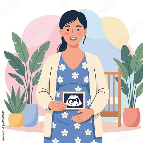 A joyful expectant mother proudly displaying her baby ultrasound image, symbolizing love, anticipation, and the beautiful journey of parenthood ahead with greenery in the background.