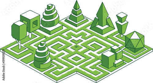 Grass Maze with Topiary Shrubs and Lawn Isometric Green Garden Illustration