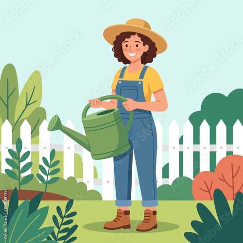 A woman enjoys gardening, holding a watering can in a vibrant garden. This image symbolizes nature, growth, and the joy of nurturing life with beautiful plants.
