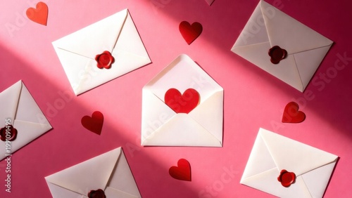White envelopes sealed with red hearts rest on pink