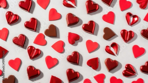 Red hearts glow softly against a clean white surface