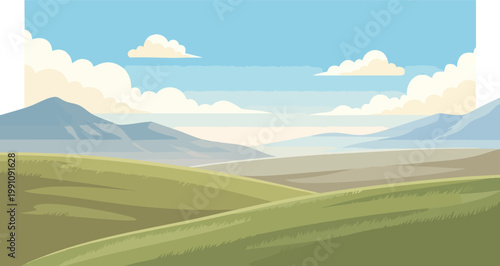 Grass Fields and Rolling Hills in a Tranquil Flat Vector Landscape