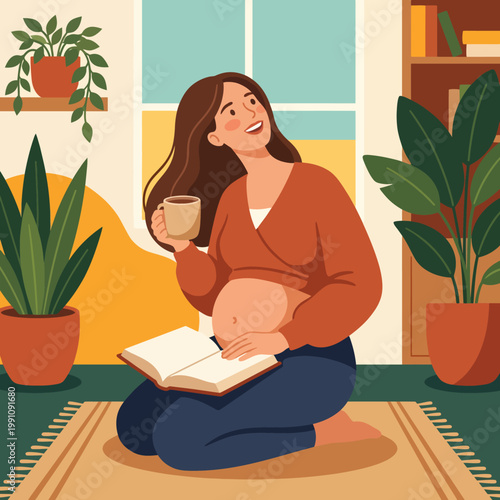 A pregnant woman sits on a rug with a book and a cup of tea, embodying comfort and anticipation, surrounded by lush indoor plants and a cozy environment filled with warmth.