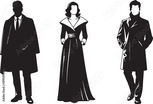 Black and white people icons, faceless business figures, vector illustrations, modern silhouettes