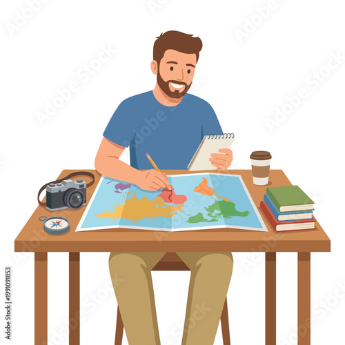 An enthusiastic man analyzing a map and making travel plans at his desk, symbolizing adventure, exploration, and the joy of discovering new places.