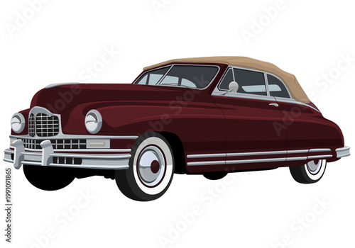 Vector illustration of a classic 1940s-style luxury convertible car in deep maroon