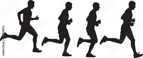 Running silhouettes, jogging figures, athletic poses, black icons, fitness illustrations
