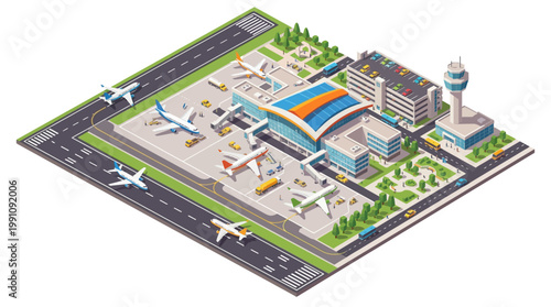 Isometric airport illustration showcases planes on the tarmac, terminal buildings, and a control tower, presented in a clean, modern vector design with vibrant colors against a white