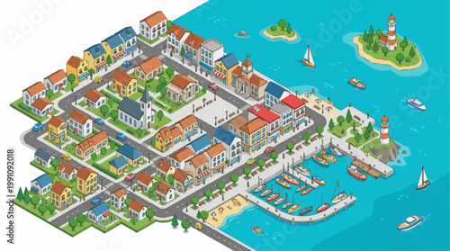 Isometric illustration showcasing a coastal town as a travel destination, featuring colorful buildings, a harbor with boats, and beaches, set against a bright blue sea and sky