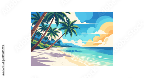 Vibrant beach illustration featuring palm trees casting shadows on the sandy shore, with turquoise water meeting the coast under a partly cloudy sky, rendered in a vector art style