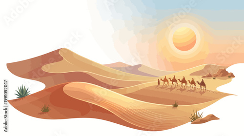 Stylized vector art showcases a desert landscape with a caravan of camels crossing the sandy dunes under a bright, sunny sky, rendered in warm, earthy tones to evoke the beauty of nature