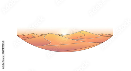 Minimalist vector illustration of a hot desert landscape featuring rolling sand dunes under a clear sky, created with a clean and simple design aesthetic on a white background for travel