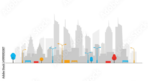 Stylized vector illustration of an urban area skyline featuring simplified skyscrapers and streetlights against a white background, rendered in a clean, minimalist design conveying a sense