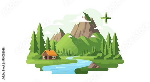 An idyllic vector mountain landscape illustration depicts a cozy cabin nestled among tall evergreen trees next to a flowing river, set against a clean white background with a peaceful