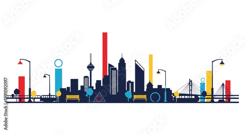 Silhouette illustration of a modern urban area skyline with skyscrapers and bridges against a clean white background, rendered in a flat vector design style featuring vibrant red, blue