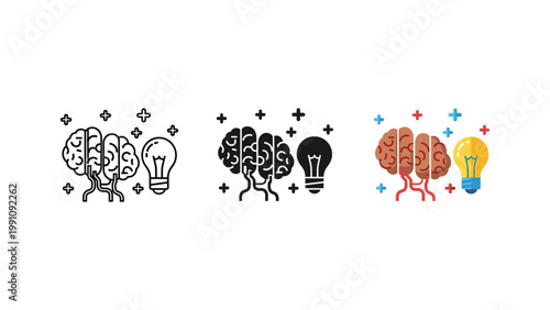A creative concept icon showing a human brain connected to a glowing lightbulb, symbolizing ideas, innovation, and thought.