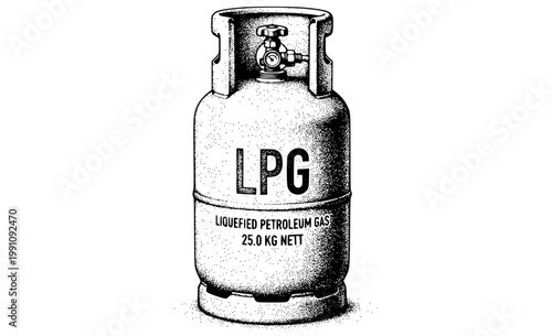 Detailed black and white illustration of a 25kg LPG cylinder