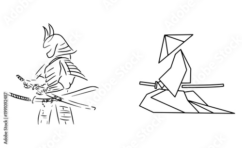 Minimalist outline drawings of a samurai and a traditional ninja