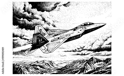 Detailed black and white ink drawing of a raptor jet