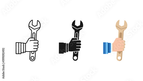 A hand firmly holding a wrench tool is depicted in three distinct icon styles, representing repair, maintenance, or service.