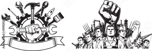 Industrial strength and teamwork themed graphic featuring stylized worker silhouettes and various construction tool equipment elements