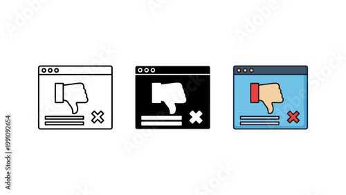 A web browser window displaying a thumbs-down gesture and a cross signifies negative feedback or unsuccessful rejection in three icon styles.