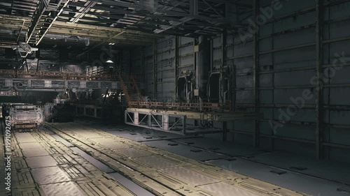 Shadows and illumination define inspection zone distinctly. Lighting and shadow effects distinguish inspection areas on fuselage and platform clearly