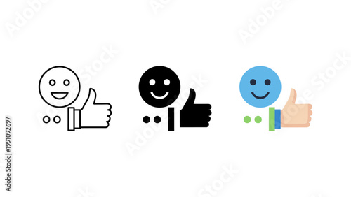 A smiling face combined with a thumbs-up gesture represents positive reviews, satisfaction, or excellent user experience in three icon styles.