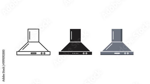 A sleek kitchen range hood in multiple graphic styles, representing kitchen appliances, cooking, and ventilation.