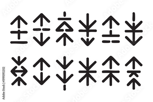 Ancient tribal rune style arrow symbols and geometric totemic icons arranged in two horizontal rows.