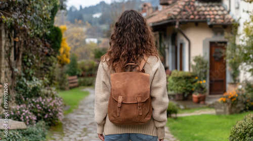 Woman exploring a charming village with a stylish leather backpack