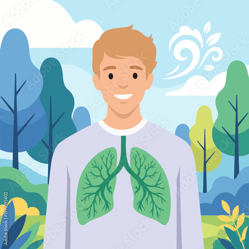 A young man stands outdoors with a lung illustration, symbolizing respiratory health and the importance of nature in promoting well-being and fresh air for a healthy lifestyle.