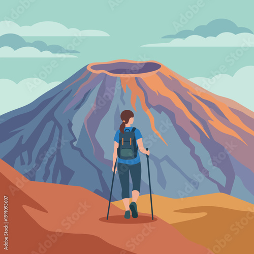 A determined hiker stands near a majestic volcano, appreciating the breathtaking landscape, symbolizing adventure, exploration, and the beauty of nature's raw power.